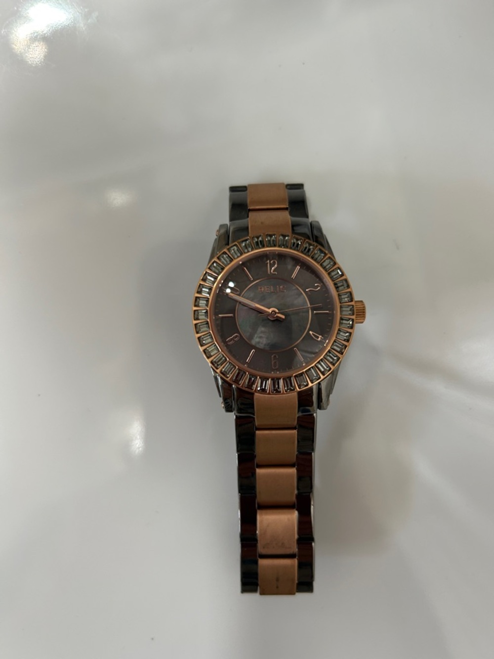 Relic Two-Tone Rose Gold and Gunmetal Women's Crystal Bezel Watch